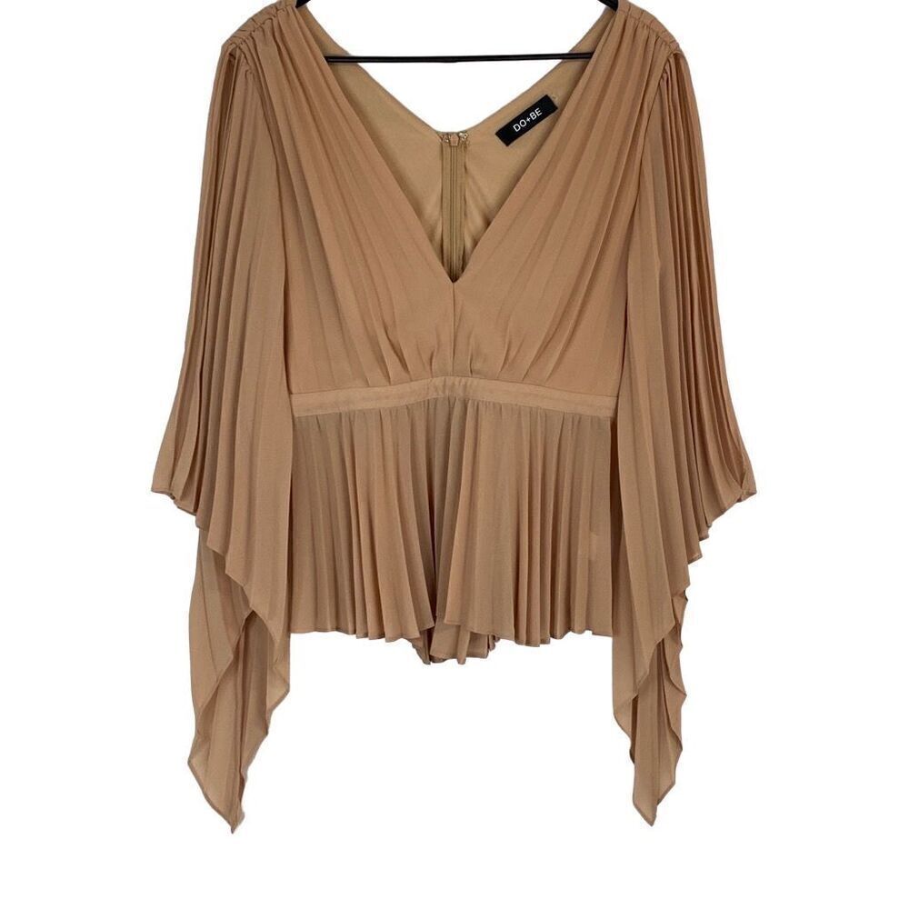 Do+Be Tan Color Pleated Deep V Neck Split Sleeve Top Size Large